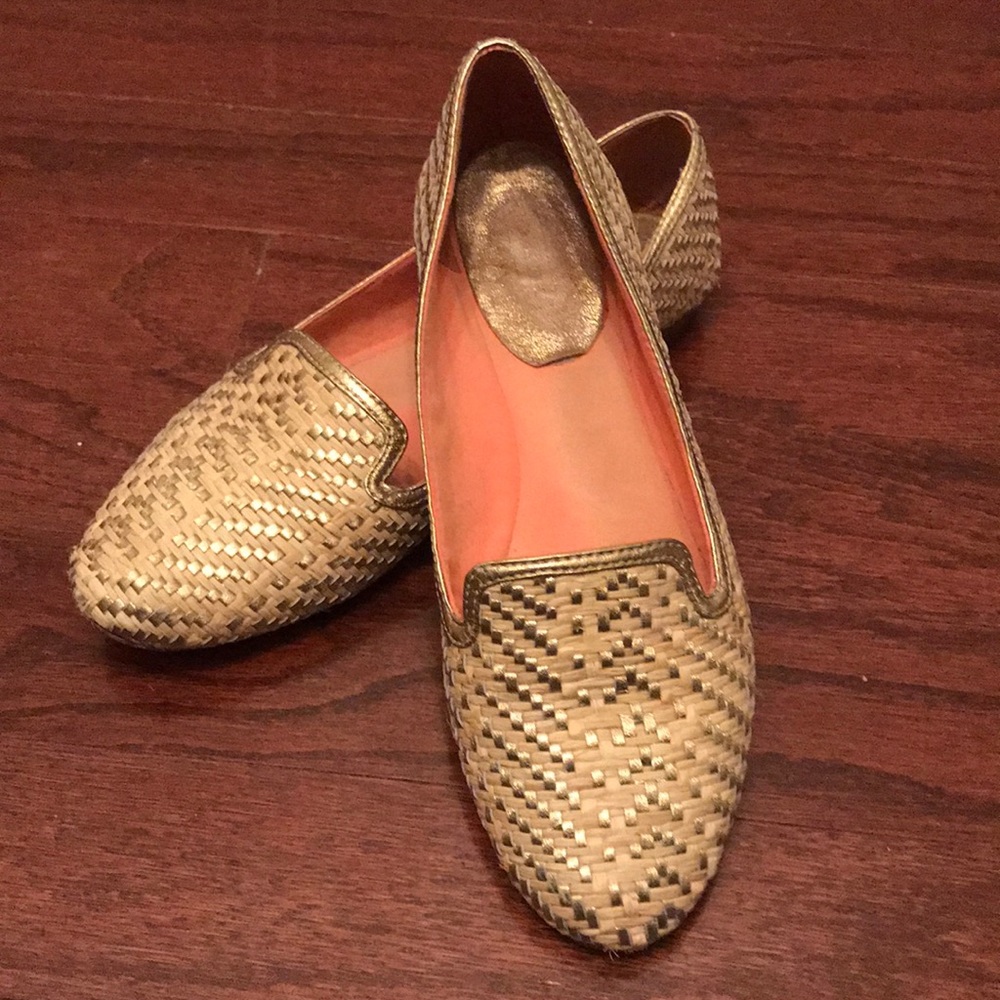 Coach gold leather and straw woven flats
